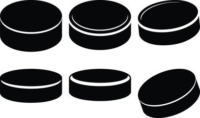 Silhouette of a Group of Hockey Pucks from Varying Angles on White