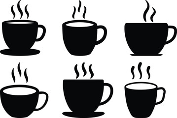 Collection of Black Hot Beverage Cups with Steam Rising on White Background