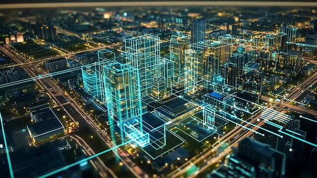 Aerial view of a futuristic cityscape at night, showcasing illuminated skyscrapers and vibrant streets