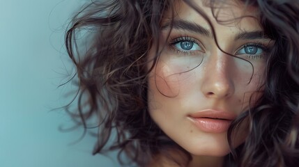 Elegant Studio Portrait of a Brunette Woman with Natural, Healthy Hair and Refined Features