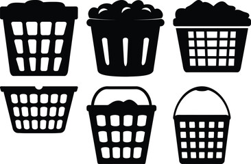 A collection of various laundry basket silhouettes in simple vector style