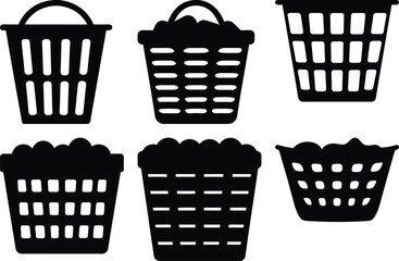 Collection of Simple Black and White Basket Silhouettes for Laundry and Storage