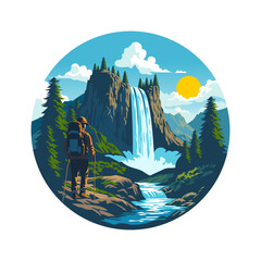 illustration of a climber looking at a waterfall
