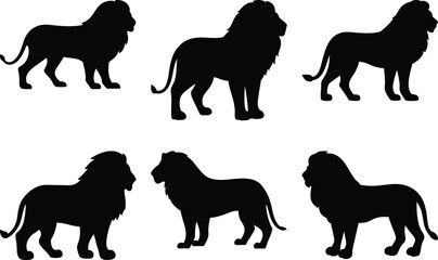 Black and white image showing six lion silhouettes in various poses
