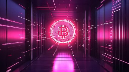 Futuristic corridor with glowing Bitcoin symbol, showcasing digital technology and virtual currency