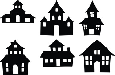 Vector collection of different spooky black Halloween haunted house silhouettes