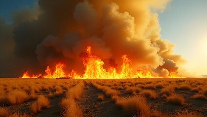 Fiery Inferno: Wildfire Ravaging Dry Grassland Under Dramatic Sky