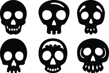 Collection of Six Skull Icons in Black and White Doodle Style Design