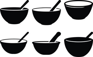 Six Bowls with Spoons Illustration in Black and White Flat Design