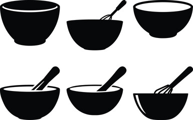 Black and white cooking bowls in a minimalist design with whisks