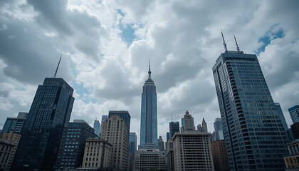 Fototapeta premium Moody Sky with Dramatic Clouds Over Imposing Skyscrapers in Urban Cityscape, Modern Architecture, Towering Buildings, Dramatic Lighting 4K image