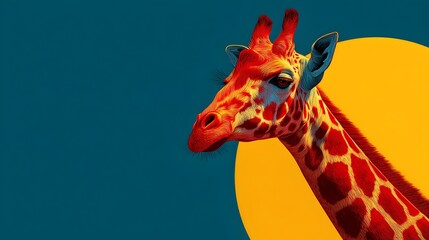 A vibrant stylized giraffe portrait against a teal and yellow background ideal for modern art prints and design projects.