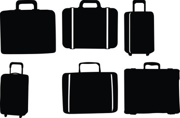 Black and white silhouette illustration of a collection of assorted suitcases