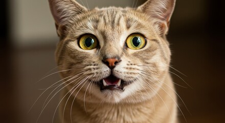 A Close-Up Portrait of a Surprised Tan Cat with Bright Yellow Eyes, Open Mouth, and Long Whiskers.  A Stunning Pet Photography