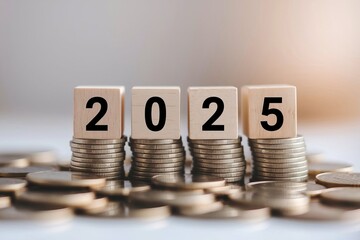 Wooden Blocks Showing 2025 on Stacks of Coins, Financial Concept for New Year