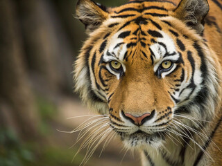 Fototapeta premium portrait of a bengal tiger, Close-Up of a Tiger's Face with Fierce Eyes, Malayan tiger laying in the forest, showcasing its beautiful orange fur and black stripes