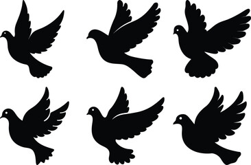 Six Silhouette Doves in Flight Displaying Various Wing Positions and Body Angles
