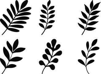 Collection of six distinct black vector botanical leaf sprig illustrations