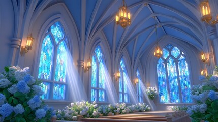 Naklejka premium Serene Gothic Cathedral Interior Wedding Ceremony Light Rays Blue Hydrangeas