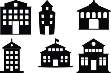 Assorted building and architectural silhouettes in black color scheme and white background