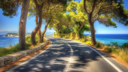 Obraz premium Coastal Road Winding Through Summer Trees Ocean View