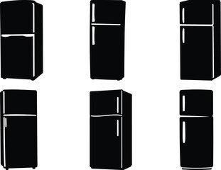 Black and white vector image of six different stylized refrigerators