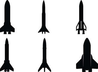 Six spaceship icons, with black silhouettes, on a white background ready to launch