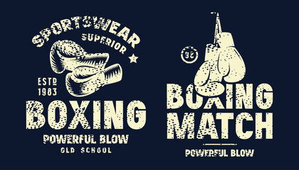 Boxing emblem for t-shirt. Graphic design with rough texture. Light print on black background