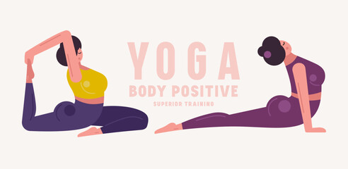 Illustration of body positive woman doing yoga. Stylized flat graphic style for your design. Color print on white background