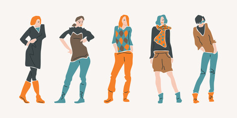 illustration of girls standing in different poses. Hand-drawn graphics. Isolated on white background