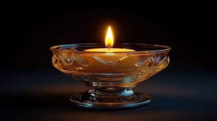 A single candle flame glows warmly in a crystal bowl