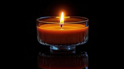 A single burning candle in a glass holder on a reflective surface