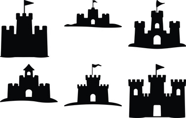 Collection of six different sandcastle silhouettes with flags on top, summer theme