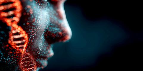 Digital human profile with glowing DNA strand, biotechnology concept
