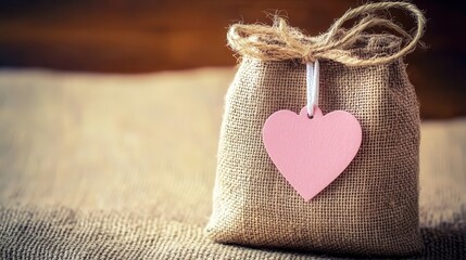 Small burlap gift bag with pink heart tag
