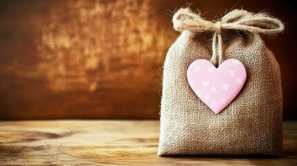 Rustic Burlap Gift Bag with Pink Heart Decoration