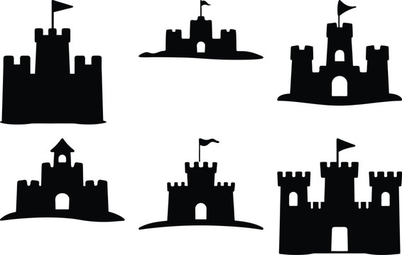 Collection of six different sandcastle silhouettes with flags on top, summer theme