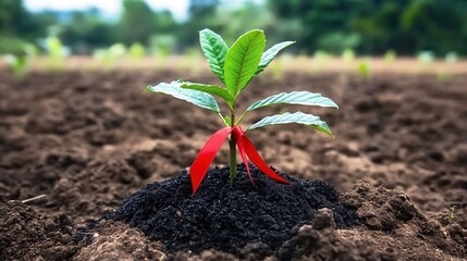Young Plant Sprout with Red Ribbon in Soil