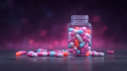 Colorful Capsules   Pills in Glass Bottle  Medical Pharmacy Background