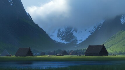 Serene Mountain Village Landscape Tranquil Valley Homes