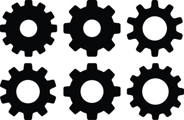 Six black cogwheels arranged in a grid pattern on a white background