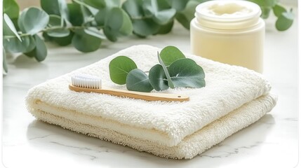 Spa Day Essentials Soft Towels Bamboo Toothbrush Eucalyptus Leaves Cream Jar