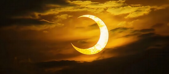 Golden Crescent Sun Eclipse in Cloudy Sky