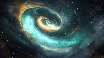Cosmic Swirl Teal and Gold Nebula in Deep Space