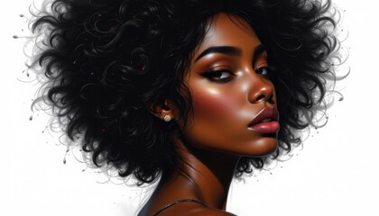 Fototapeta premium african american beauty model fashion model hair model black hair model, in sunlit sketch style, subject on right, copy space on left.