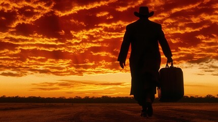 Lone Traveler Silhouette at Sunset with Luggage