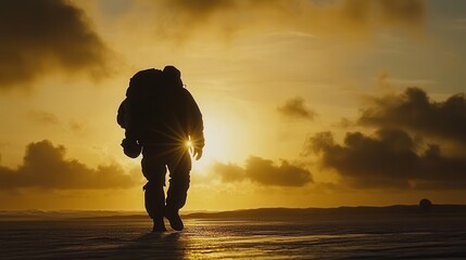 Silhouetted Hiker Walking Towards Sunset at the Beach