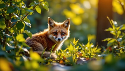 create a captivating image of a red fox hiding in the leaves of a forest during daylight hours