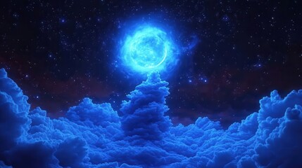 Ethereal Blue Moon Above a Sea of Clouds and Stars