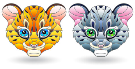 Set of illustrations of stained glass elements with animal faces, cute leopards, isolated on white background